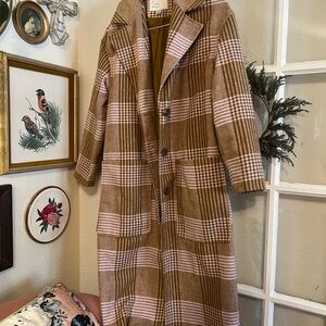 Oversized Tan & Blush Plaid Long Coat